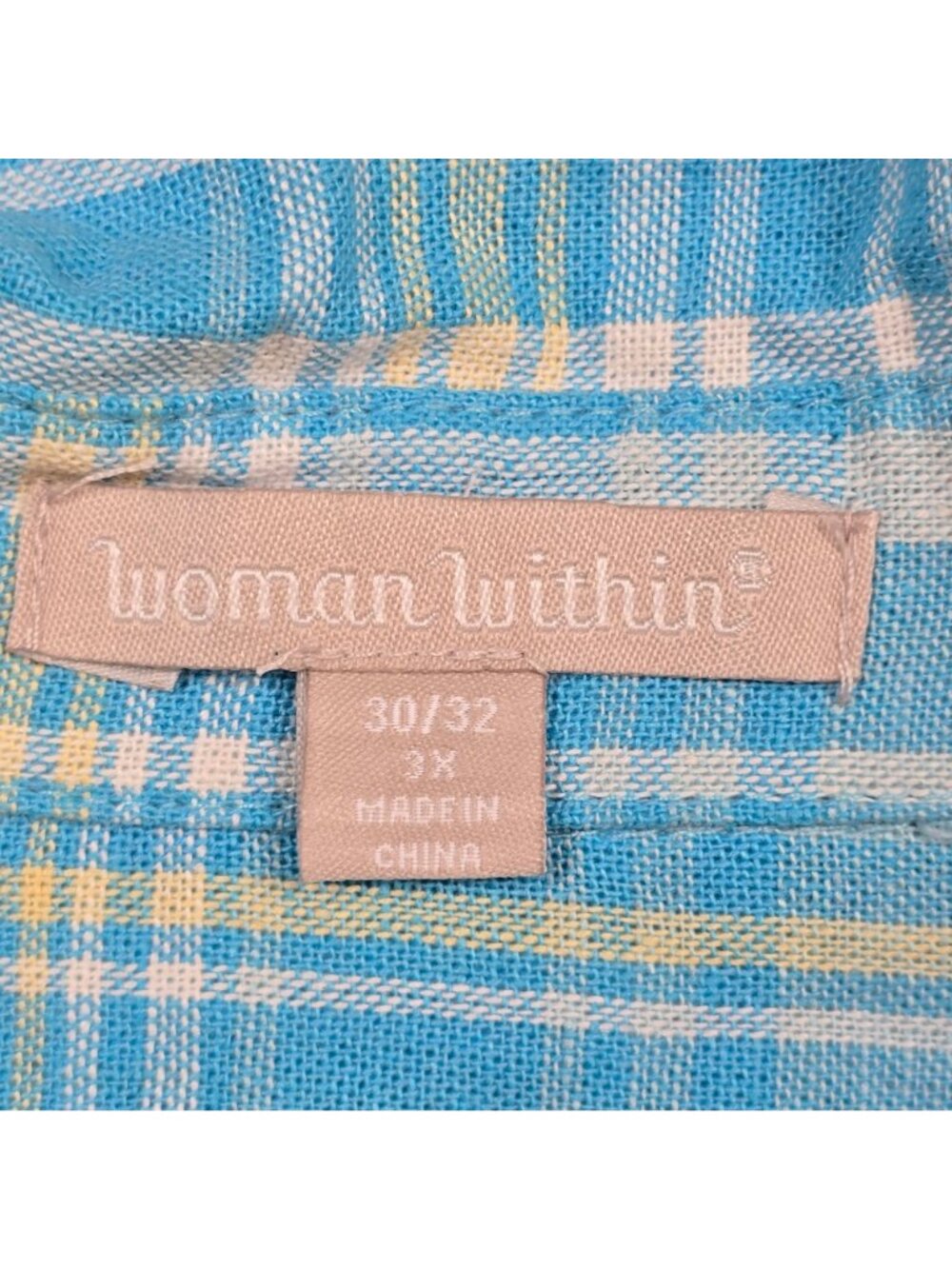 Woman Within 3X Womens Short Sleeve Plaid Button-Down Shirt Blue Linen Blend - Picture 2 of 4